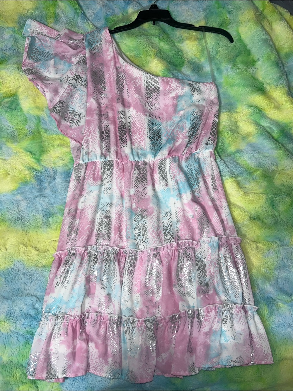 One-Shoulder Pink Tie-Dye Ruffle Dress